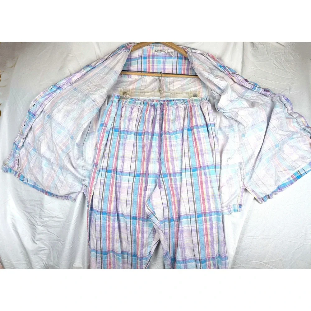 Dreams & Co Womens Pastel Plaid Cotton Pajama Set 2PC Purple Blue Pink Large